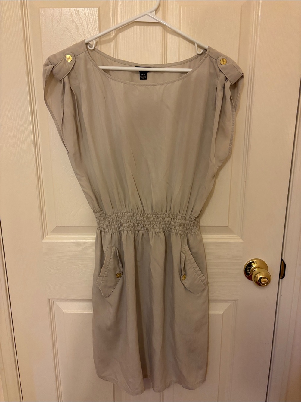 Guess Cream Smocked-Waist Midi Dress with Button-Tab Shoulders